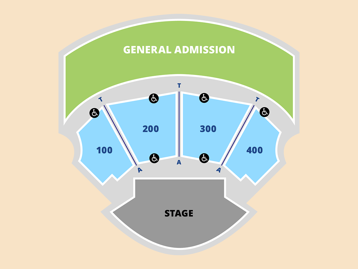 A stadium seating chart guide detailing three ticket options: Permanent/Reserved Seats, which are designated by specific section, row, and seat numbers; General Admission, which offers lawn seating on a first-come, first-served basis; and Handicap Accessible Seats, which allow guests to purchase one companion seat per accessible location. The text notes that accessible locations are visible on the seating chart and directs those requiring special needs seating assistance to email Scott@ScottCarswellPresents.com.